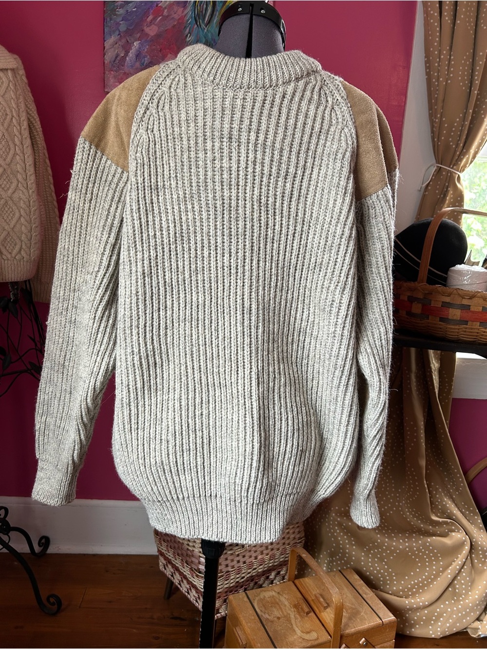 100% Wool Cream Ribbed Crewneck Sweater with Tan Suede Shoulder Panels